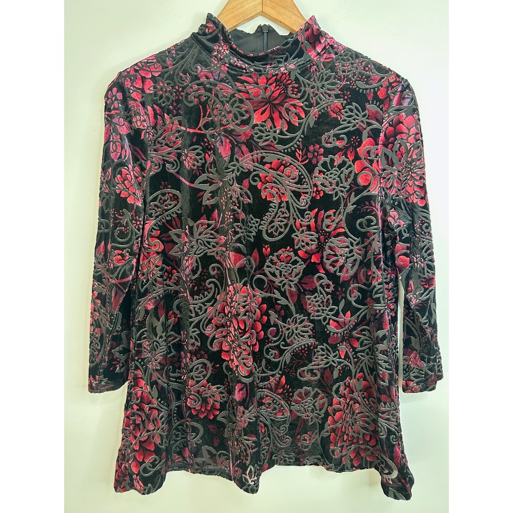 Chicos Red Black Floral Paisley Burnout Velvet Mock Neck Top Sz 1 (M) Whimsigoth